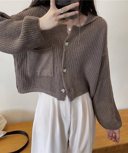 urge：（アージコロン ）の「【URGE：】襟付き ショート丈 ニット カーディガン（カーディガン/ボレロ・レディース・ベージュ/グレー/カーキ・SMALL/MEDIUM/LARGE）」の14枚目の写真