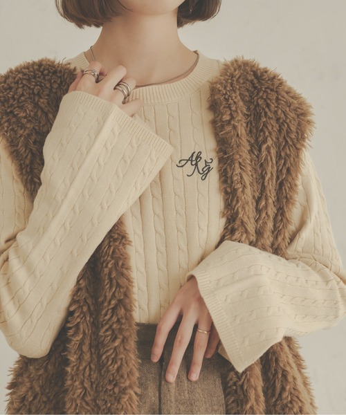 Ambre Neige(アンブルネージュ)の「ロゴケーブルフレアニット/【WEB/EC限定商品】(ニット/セーター・レディース・ダークブラウン/アイボリー・FREE)」の1枚目の写真