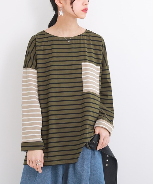 osharewalker（オシャレウォーカー）の「【廃盤】『ボーダーアシメ配色カットソー』（Tシャツ/カットソー・レディース・ラベンダー/ブルー/カーキ・FREE）」の2枚目の写真