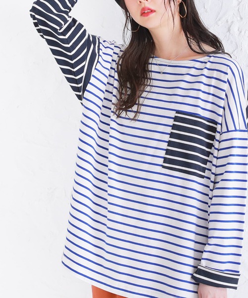 osharewalker（オシャレウォーカー）の「【廃盤】『ボーダーアシメ配色カットソー』（Tシャツ/カットソー・レディース・ラベンダー/ブルー/カーキ・FREE）」の6枚目の写真