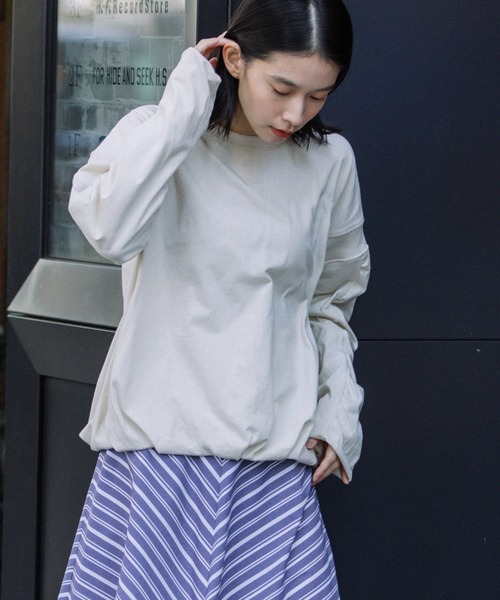 Munich（ミューニック）の「コットンソフトジャージダブルレイヤードプルオーバー（Tシャツ/カットソー・レディース・パープル/ライトカーキ/アイボリー/ブラック・FREE）」の2枚目の写真