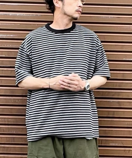 PLUS ONE（プラスワン）の「【接触冷感】【PLUS ONE】サラサラボーダーＴシャツ / 吸水速乾（Tシャツ/カットソー・メンズ・ブラック×ホワイト/ホワイト×ブラック/ホワイト×イエロー・M/XL/S/L）」の2枚目の写真