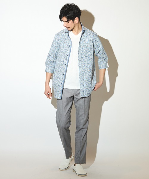 UNION STATION（ユニオンステーション）の「小花柄七分袖カッタウェイカラーシャツ/スキッパーシャツ（シャツ/ブラウス・メンズ・ブルー系その他/サックスブルー・M/L/LL）」の10枚目の写真