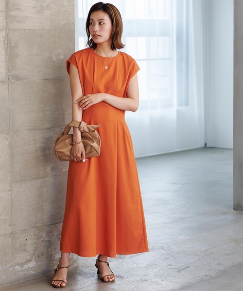 リネンブレンドウエストタックワンピース