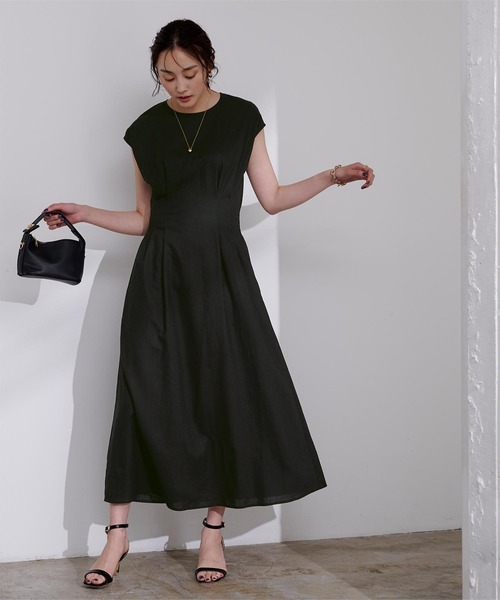 リネンブレンドウエストタックワンピース