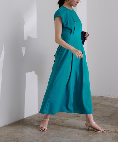 リネンブレンドウエストタックワンピース