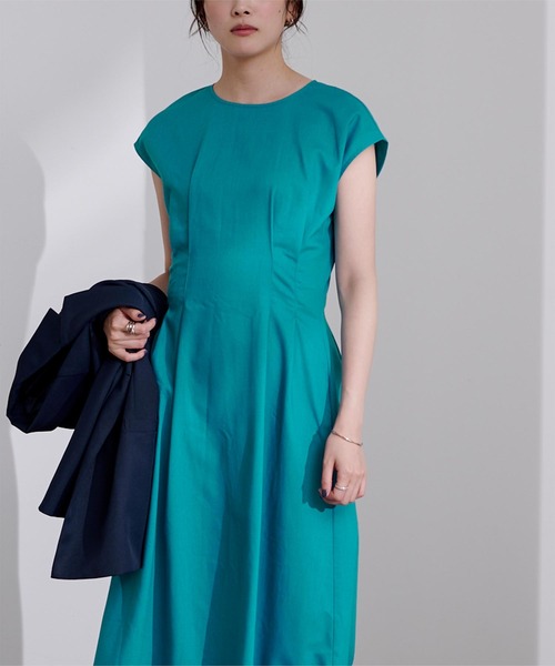 リネンブレンドウエストタックワンピース