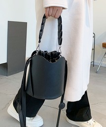 【2WAY/3WAY】波型カッティングレザーの巾着バケツハンドバッグ/ショルダーバッグ