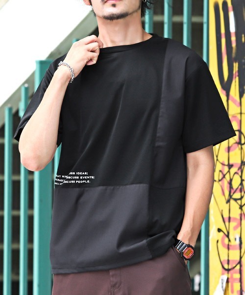 LUXSTYLE（ラグスタイル）の「ポンチブロック切替半袖Tシャツ（Tシャツ/カットソー・メンズ・グレイッシュベージュ/ホワイト/ブラック・L/M）」の2枚目の写真