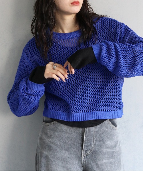 cheriella(シェリエラ)の「【Avvenente】メッシュニットシアートップスSET(ニット/セーター・レディース・アイボリー/ブラック系2/ブルー/ブラック系1・M)」の4枚目の写真