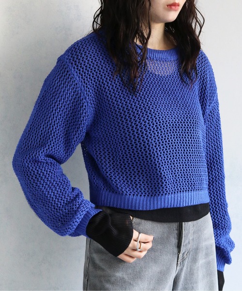 cheriella(シェリエラ)の「【Avvenente】メッシュニットシアートップスSET(ニット/セーター・レディース・アイボリー/ブラック系2/ブルー/ブラック系1・M)」の17枚目の写真