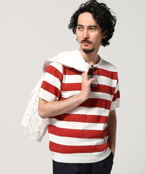 EDIFICE（エディフィス）の「◇PRINTボーダー ショートスリーブ ニット（ニット/セーター・メンズ・ブルー系その他/グリーン/レッド/ブラック・48/46/44）」の4枚目の写真