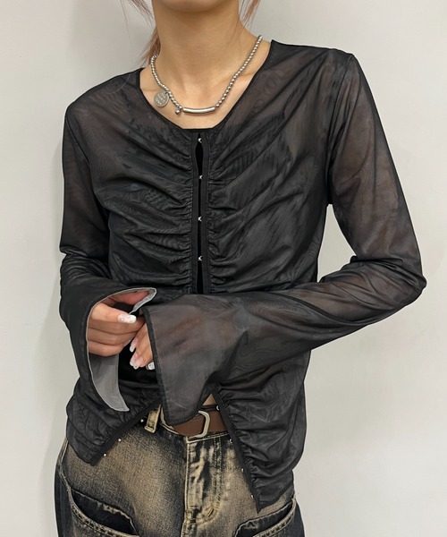 Six M（シックスエム）の「【Six M/シックスエム】ギャザーホックトップス（Tシャツ/カットソー・レディース・ブラック/ブラウン・FREE）」の3枚目の写真