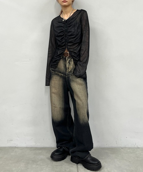 Six M（シックスエム）の「【Six M/シックスエム】ギャザーホックトップス（Tシャツ/カットソー・レディース・ブラック/ブラウン・FREE）」の6枚目の写真