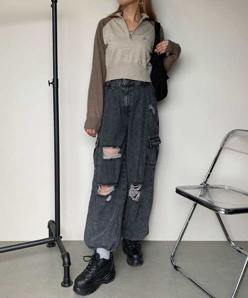 non-hedge（ノンヘッジ）の「ラグランハーフジップショート丈ニットトップス（ニット/セーター・レディース・アイボリー/ベージュ/グレー・FREE）」の10枚目の写真