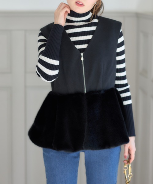 TOCCO closet - パールファスナーチャーム付きファー切り替えペプラムジレ【 パールファスナーチャーム付きファー切り替えペプラムジレ