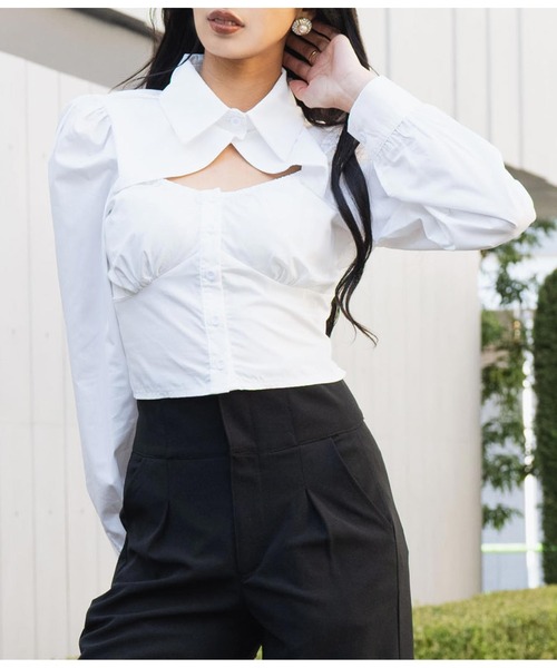 LATINA（ラティーナ）の「胸開き ギャザー ブラウス シャツ 襟付き 長袖（シャツ/ブラウス・レディース・ブラック/ホワイト・FREE）」の22枚目の写真