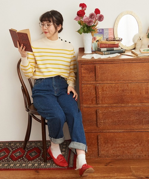 CHILD WOMAN（チャイルドウーマン）の「コッツウォルズ総針マリンボーダー プルオーバー（ニット/セーター・レディース・ネイビー/イエロー・FREE）」の6枚目の写真