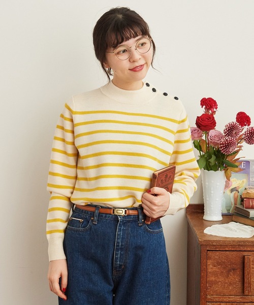 CHILD WOMAN（チャイルドウーマン）の「コッツウォルズ総針マリンボーダー プルオーバー（ニット/セーター・レディース・ネイビー/イエロー・FREE）」の3枚目の写真