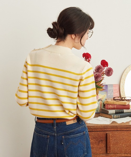 CHILD WOMAN（チャイルドウーマン）の「コッツウォルズ総針マリンボーダー プルオーバー（ニット/セーター・レディース・ネイビー/イエロー・FREE）」の4枚目の写真