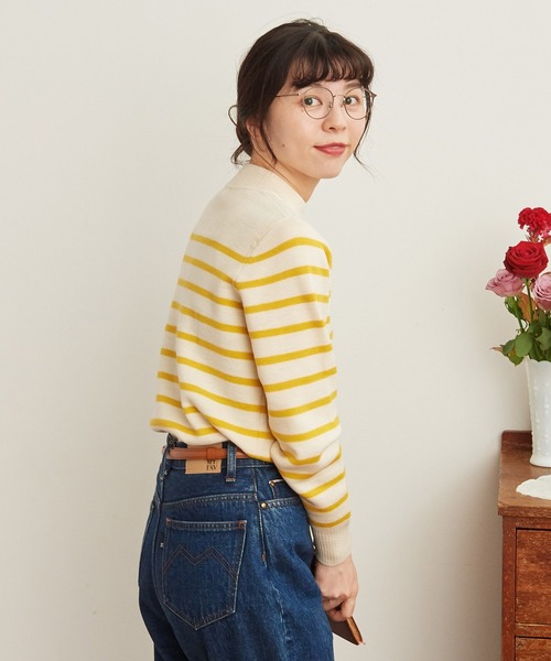 CHILD WOMAN（チャイルドウーマン）の「コッツウォルズ総針マリンボーダー プルオーバー（ニット/セーター・レディース・ネイビー/イエロー・FREE）」の5枚目の写真