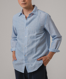 コットン/リネン ストライプ セミレギュラーカラーシャツ