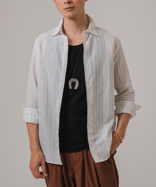 EDIFICE（エディフィス）の「コットン/リネン ストライプ セミレギュラーカラーシャツ（シャツ/ブラウス・メンズ・ホワイト/ブルー系その他・SMALL/MEDIUM/LARGE/X-LARGE）」の6枚目の写真