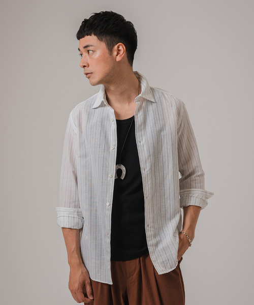 EDIFICE（エディフィス）の「コットン/リネン ストライプ セミレギュラーカラーシャツ（シャツ/ブラウス・メンズ・ホワイト/ブルー系その他・SMALL/MEDIUM/LARGE/X-LARGE）」の7枚目の写真