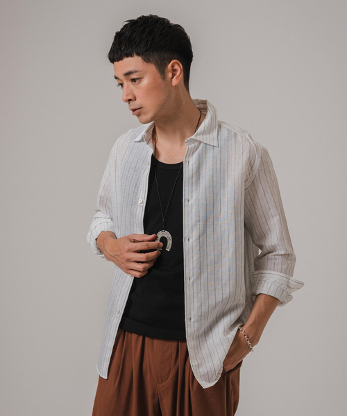 EDIFICE（エディフィス）の「コットン/リネン ストライプ セミレギュラーカラーシャツ（シャツ/ブラウス・メンズ・ホワイト/ブルー系その他・SMALL/MEDIUM/LARGE/X-LARGE）」の9枚目の写真