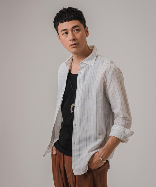 EDIFICE（エディフィス）の「コットン/リネン ストライプ セミレギュラーカラーシャツ（シャツ/ブラウス・メンズ・ホワイト/ブルー系その他・SMALL/MEDIUM/LARGE/X-LARGE）」の10枚目の写真