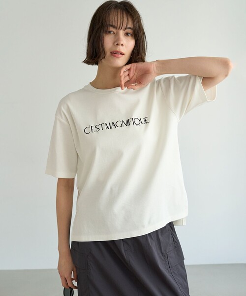 UNFILO（アンフィーロ）の「BEAUTY FORM ロゴ刺繍 半袖Tシャツ（Tシャツ/カットソー・レディース・ダークブラウン系1/ベージュ系1/ホワイト系1/グレー系1/ブラック系1/ホワイト系2・XX-LARGE/X-LARGE）」の9枚目の写真