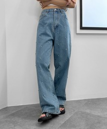 LVEU. | 【LVEU.】ラインストーンデニム / ボトムス パンツ デニム ストレート ワイド レギュラー ラインストーン キラキラ インディゴ ブルー ブラック 色落ち ヴィンテージ(デニムパンツ)