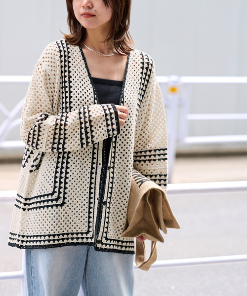 JOURNAL STANDARD relume(ジャーナルスタンダード レリューム)の「《追加6》クロシェラインVネックカーディガン(カーディガン/ボレロ・レディース・ベージュ・FREE)」の5枚目の写真