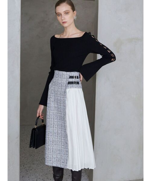 MERCURYDUO（マーキュリーデュオ）の「【セットアップ着用可】異素材ツイードサイドプリーツスカート（スカート・レディース・ブラック/レッド/オフホワイト・SMALL/MEDIUM）」の13枚目の写真