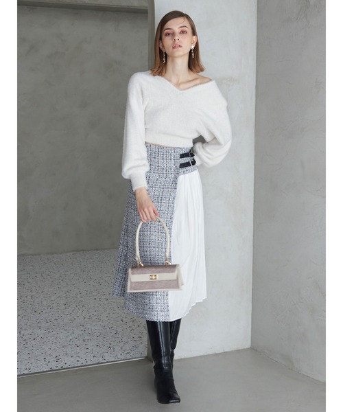 MERCURYDUO（マーキュリーデュオ）の「【セットアップ着用可】異素材ツイードサイドプリーツスカート（スカート・レディース・ブラック/レッド/オフホワイト・SMALL/MEDIUM）」の5枚目の写真