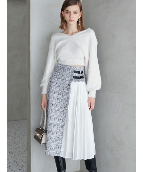 MERCURYDUO（マーキュリーデュオ）の「【セットアップ着用可】異素材ツイードサイドプリーツスカート（スカート・レディース・ブラック/レッド/オフホワイト・SMALL/MEDIUM）」の6枚目の写真