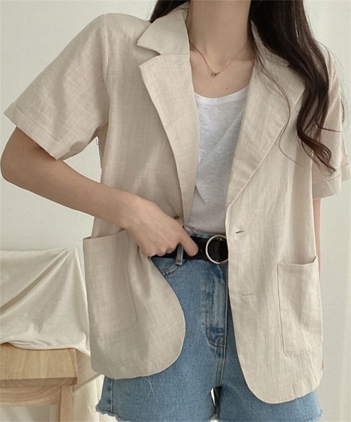 mici 半袖ジャケット　ベージュ ダブルブレス　ジャケット 半袖　ほぼ未使用 mici 半袖ジャケットベージュ ダブルブレスジャケット 半袖ほぼ