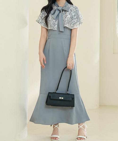 セール】ボウタイ ケープ付き ハイウエスト マーメイド ワンピース