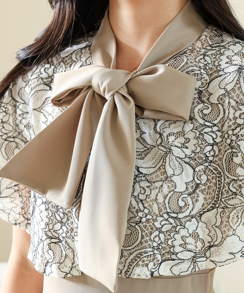 Lace Ladies(レースレディース)の「ボウタイ ケープ付き ハイウエスト マーメイド ワンピース(ワンピース・レディース・グレイッシュベージュ/ブラック/グレー・S/FREE)」の8枚目の写真