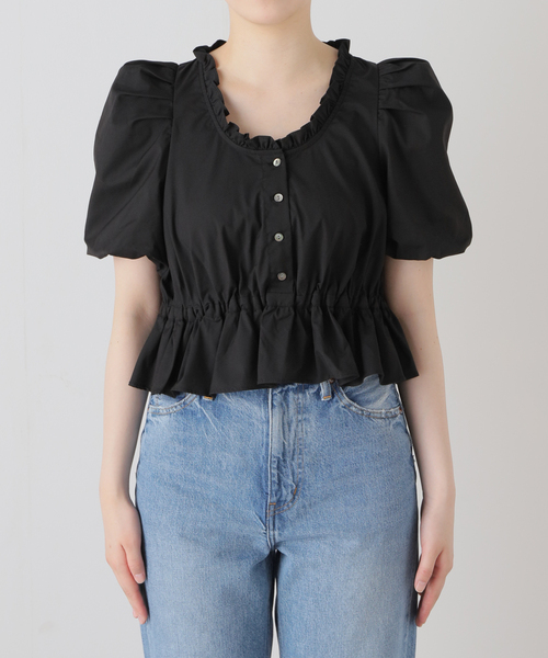 美品【OUVERT】コットンシルク 丸襟パフスリーブシャツブラウス 黒 日本製 03102480af6856cfa507a9cb26ad3b