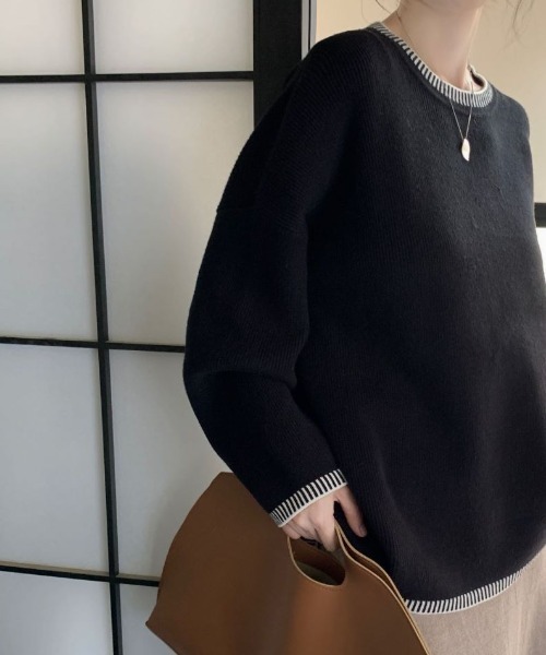 ABITOKYO(アビトーキョー)の「2024AW新作 配色ステッチ風ジャガードクルーネックニットプルオーバー(ニット/セーター・レディース・ブラック/ベージュ/ブルーグレー・FREE)」の7枚目の写真