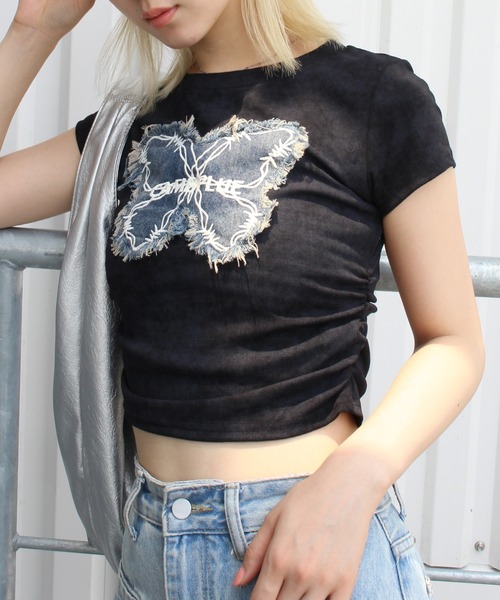 SpRay（スプレイ）の「デニムバタフライＴシャツ（Tシャツ/カットソー・レディース・アイボリー/ブラック/ベージュ/グレー系その他・FREE）」の8枚目の写真