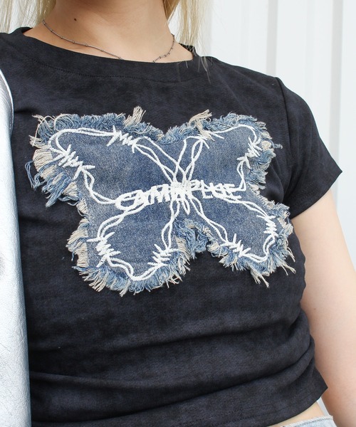 SpRay（スプレイ）の「デニムバタフライＴシャツ（Tシャツ/カットソー・レディース・アイボリー/ブラック/ベージュ/グレー系その他・FREE）」の12枚目の写真