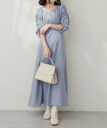 【プチナチュ】袖ドロストVネックワンピース