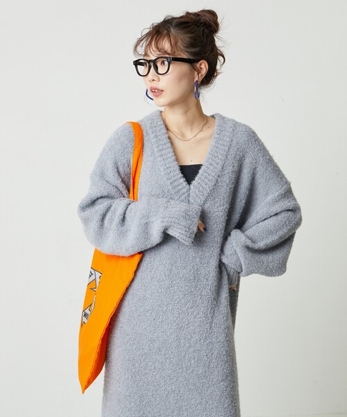 セール】限定展開 ミニ ブークレ Vネック ニット ワンピース