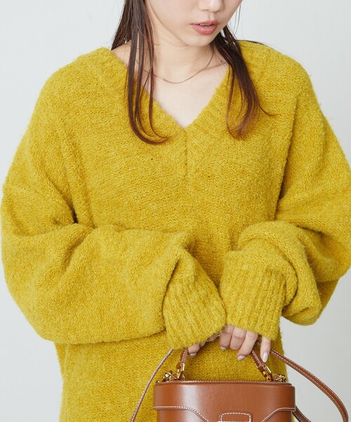 FREAK'S STORE（フリークスストア）の「限定展開　ミニ ブークレ Vネック ニット ワンピース（ワンピース・レディース・ナチュラル/イエロー/スミクロ/ネイビー/ブラウン/グレー・ﾌﾘ-）」の17枚目の写真