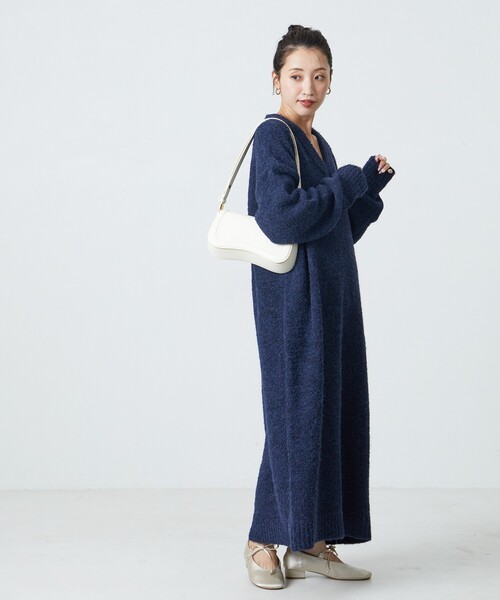 FREAK'S STORE（フリークスストア）の「限定展開　ミニ ブークレ Vネック ニット ワンピース（ワンピース・レディース・ナチュラル/イエロー/スミクロ/ネイビー/ブラウン/グレー・ﾌﾘ-）」の20枚目の写真