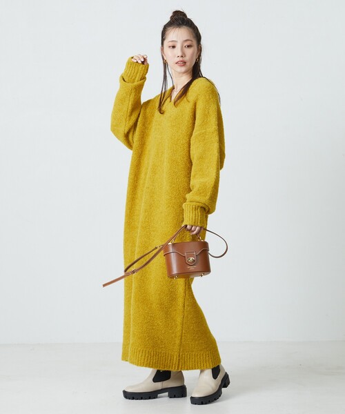 FREAK'S STORE（フリークスストア）の「限定展開　ミニ ブークレ Vネック ニット ワンピース（ワンピース・レディース・ナチュラル/イエロー/スミクロ/ネイビー/ブラウン/グレー・ﾌﾘ-）」の22枚目の写真