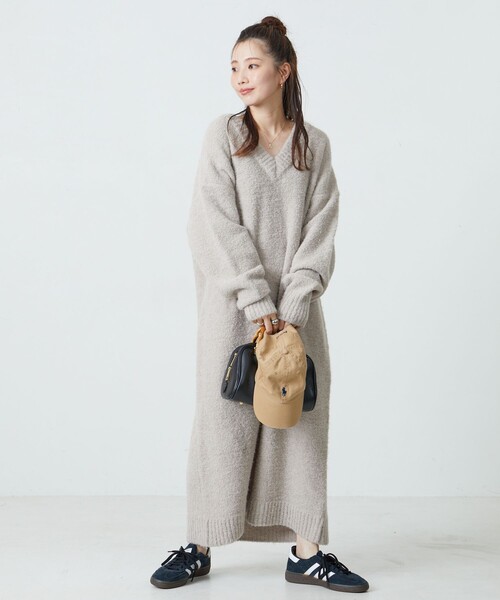 FREAK'S STORE（フリークスストア）の「限定展開　ミニ ブークレ Vネック ニット ワンピース（ワンピース・レディース・ナチュラル/イエロー/スミクロ/ネイビー/ブラウン/グレー・ﾌﾘ-）」の8枚目の写真