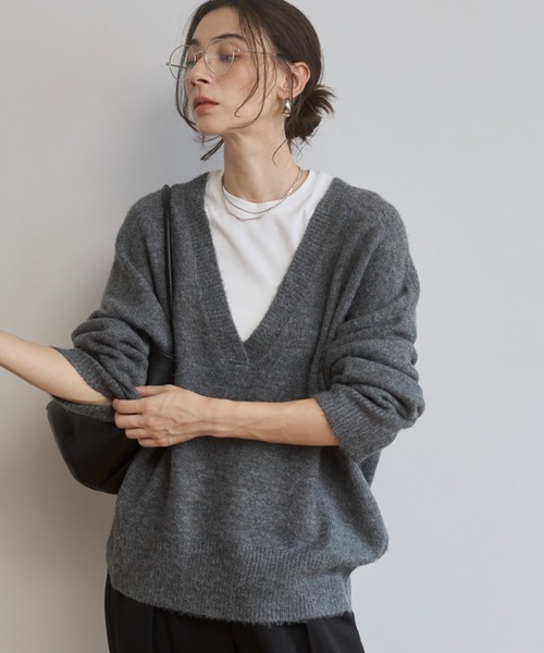 【人気・再販】深Vニットプルオーバー 畦編み深みVネックニットプルオーバーsdpxyf3292 ネイビー